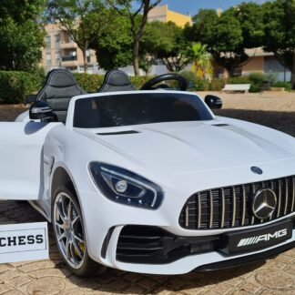 VENTA Coche niños Mercedes GTR 12V, 2 plazas, blanco, RC, asiento cuero, ruedas goma -   INDA181-HL289WT